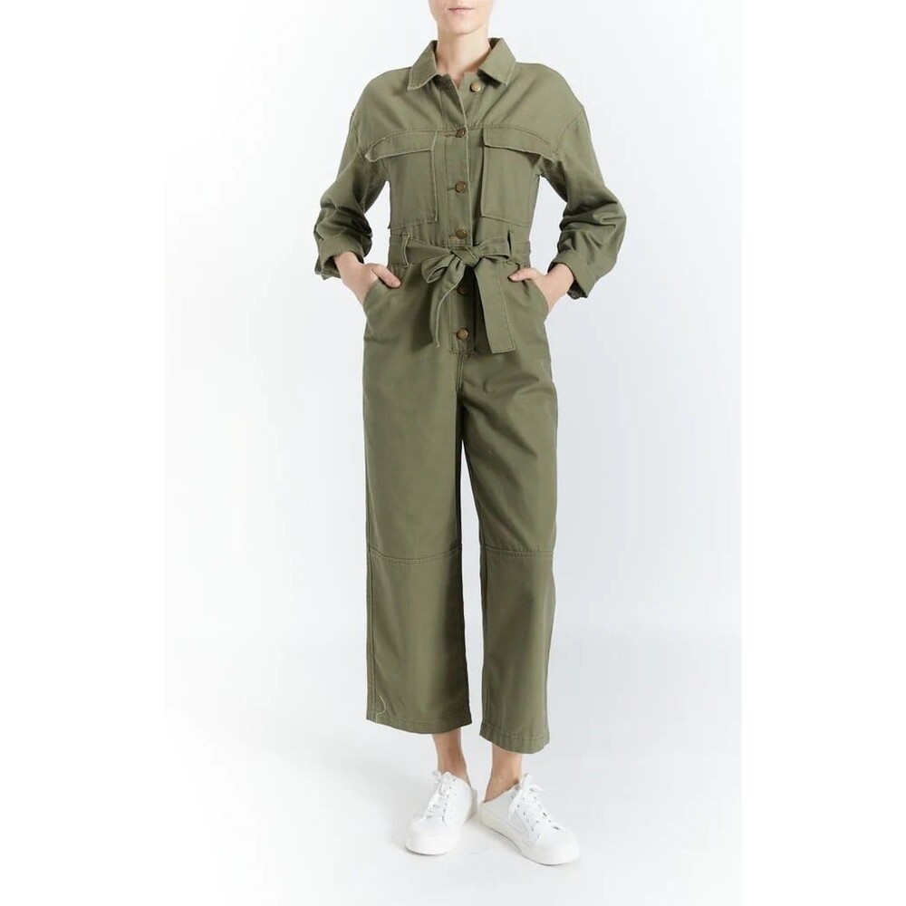 Oat New York 100% Cotton Twill Self Tie Belt Cargo Pockets Utility Jumpsuit L